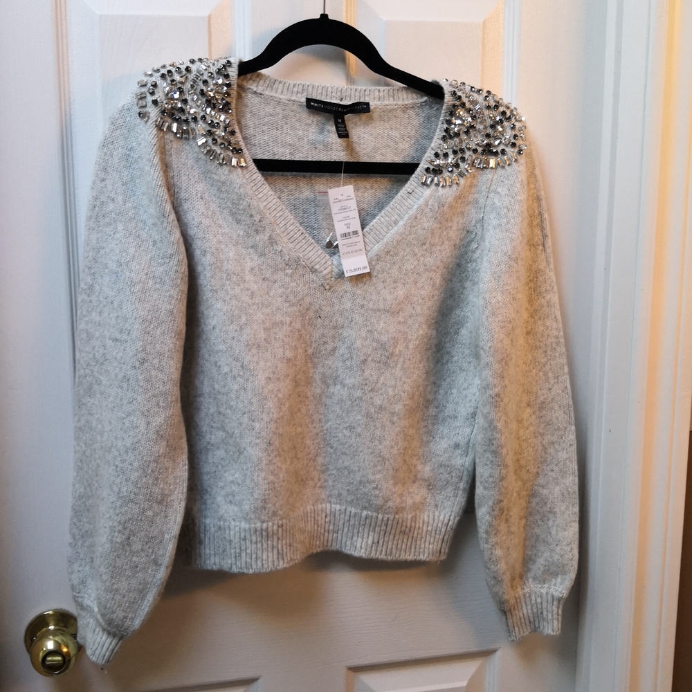 WHBM Grey V neck Sweater, sz M Rhinestones